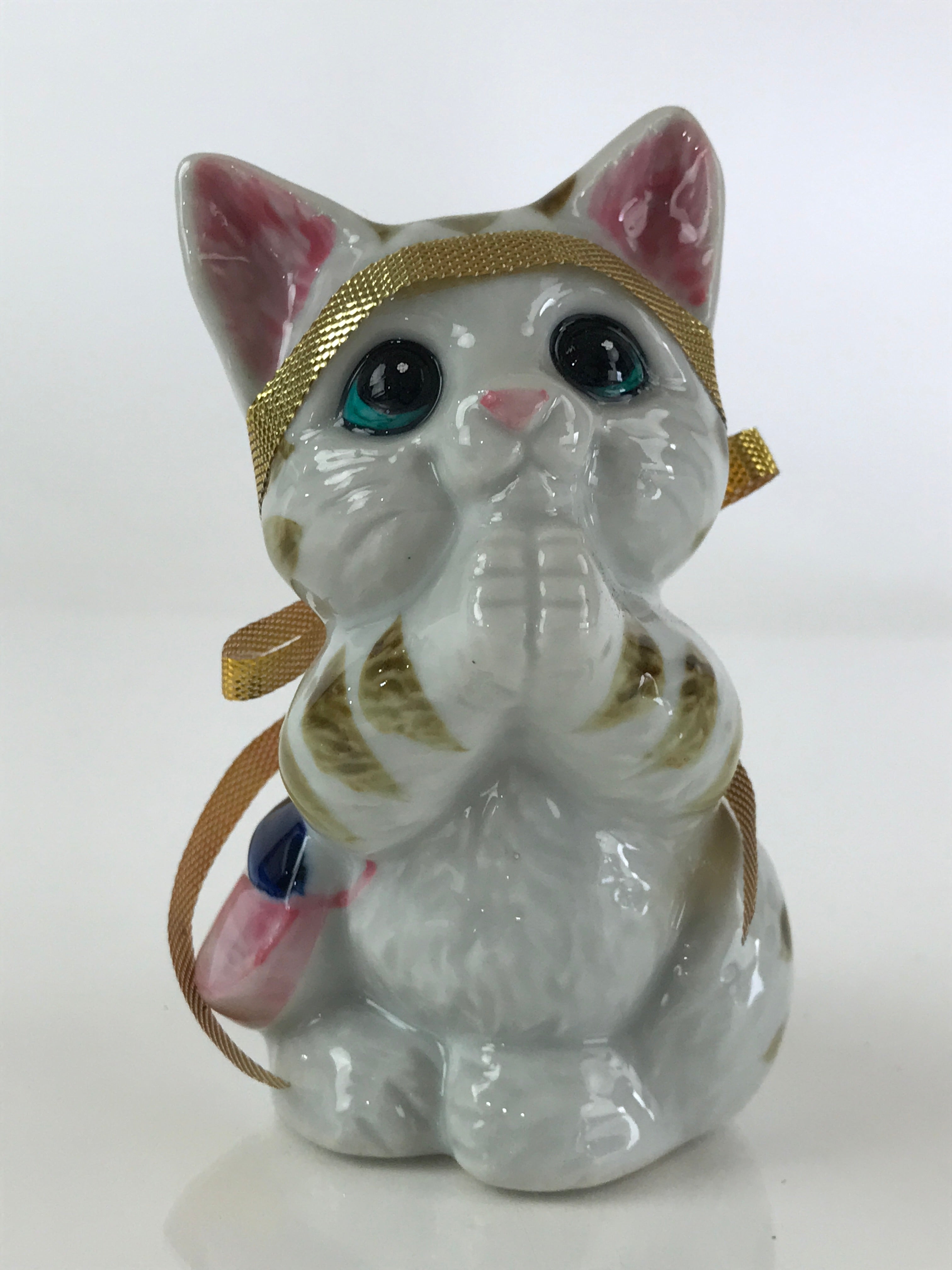 Japanese Porcelain doll Cat Vtg Make Wish Figurine Okimono Baby Kitten White BD837