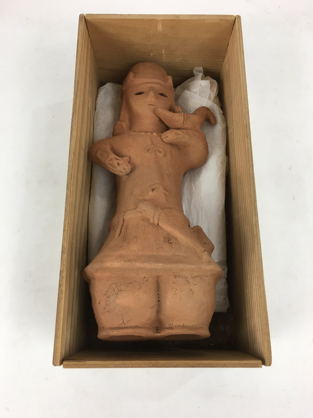 Japanese Pottery Doll Haniwa Statue Vtg Wooden Box Soldier Brown PX598