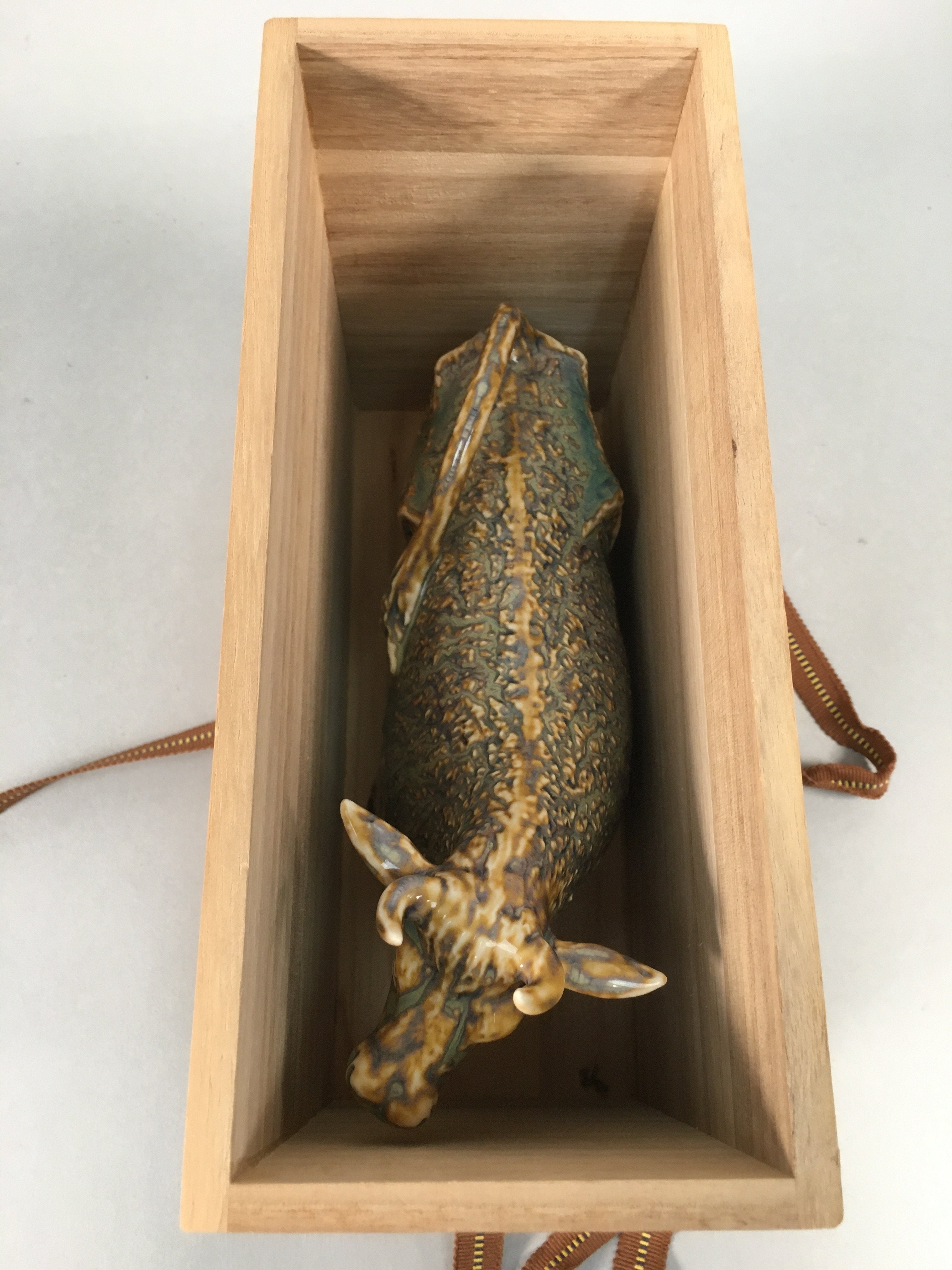 Japanese Pottery Porcelain Vtg Zodiac symbol Cow Wooden Box Statue PX537