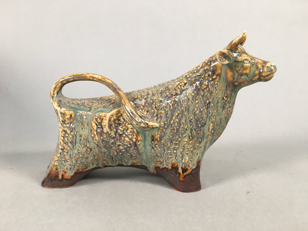 Japanese Pottery Porcelain Vtg Zodiac symbol Cow Wooden Box Statue PX537