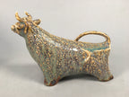 Japanese Pottery Porcelain Vtg Zodiac symbol Cow Wooden Box Statue PX537