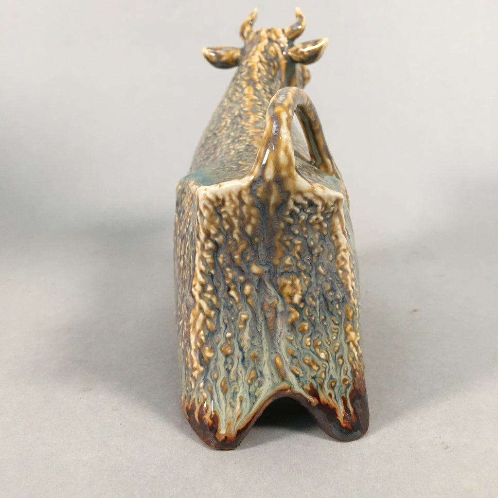 Japanese Pottery Porcelain Vtg Zodiac symbol Cow Wooden Box Statue PX537