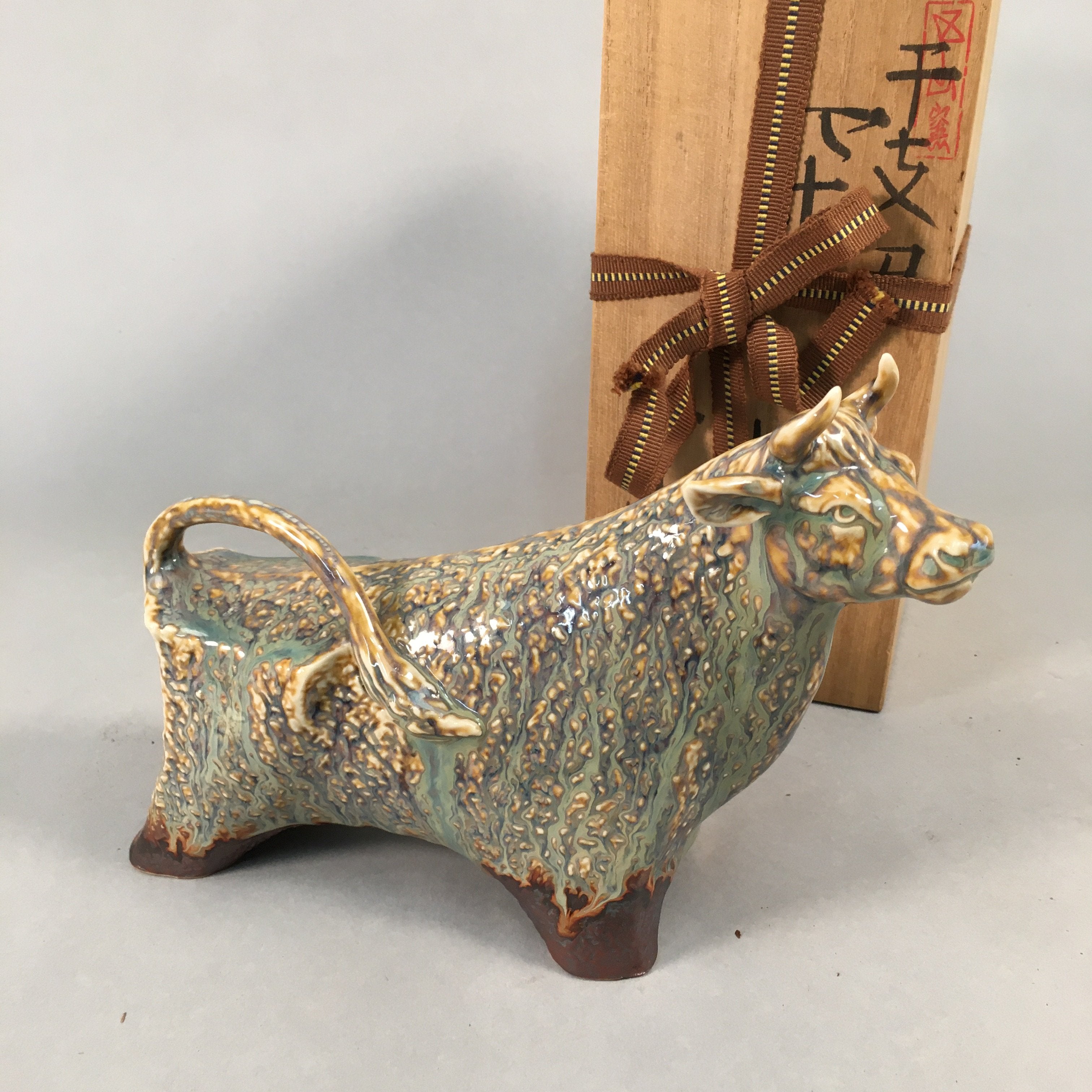 Japanese Pottery Porcelain Vtg Zodiac symbol Cow Wooden Box Statue PX537