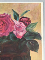Japanese Print Drawing Painting Vtg Flower Rose Vase Pink Red Leaf P294