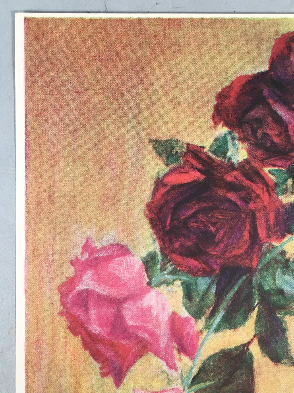 Japanese Print Drawing Painting Vtg Flower Rose Vase Pink Red Leaf P294