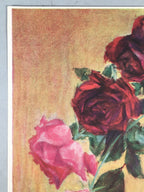 Japanese Print Drawing Painting Vtg Flower Rose Vase Pink Red Leaf P294