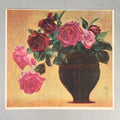 Japanese Print Drawing Painting Vtg Flower Rose Vase Pink Red Leaf P294