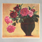 Japanese Print Drawing Painting Vtg Flower Rose Vase Pink Red Leaf P294