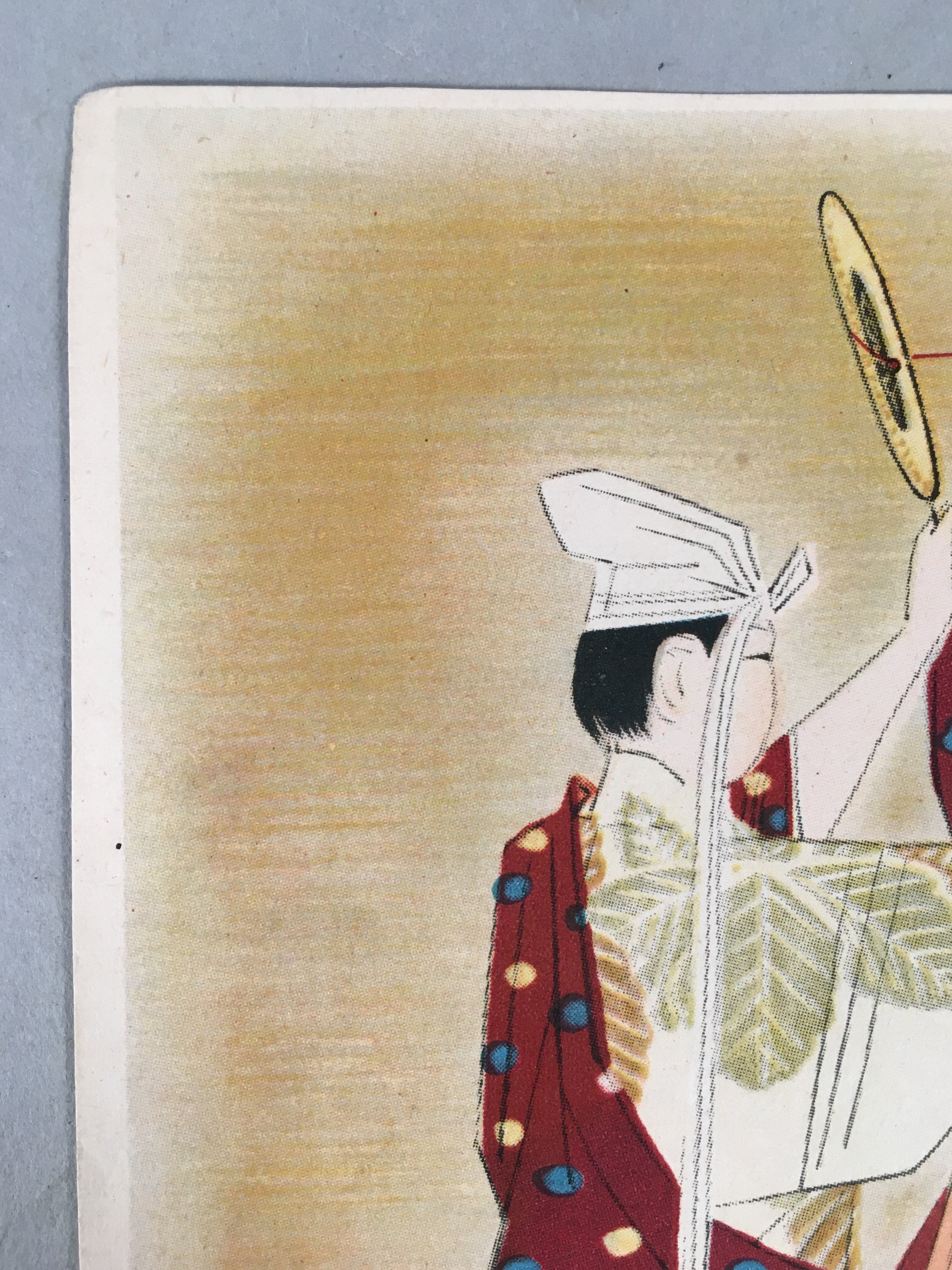 Japanese Print Drawing Painting Vtg Kimono Hand Fan Drum Taiko P298
