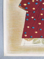 Japanese Print Drawing Painting Vtg Kimono Hand Fan Drum Taiko P298