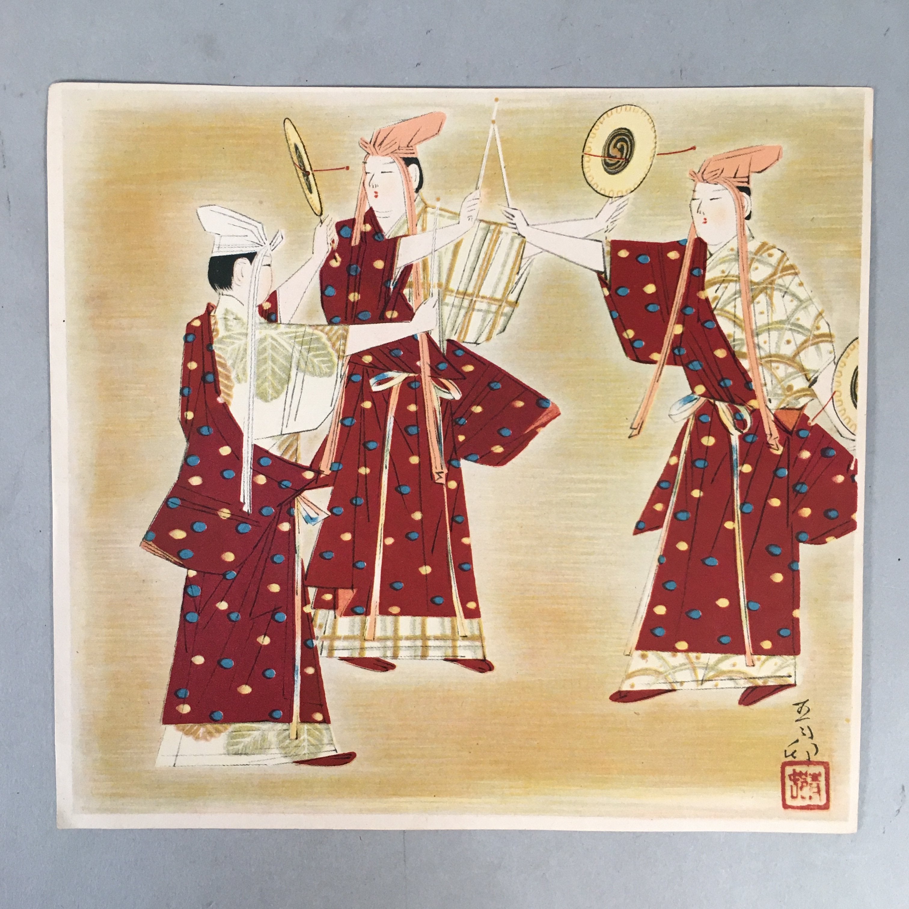 Japanese Print Drawing Painting Vtg Kimono Hand Fan Drum Taiko P298