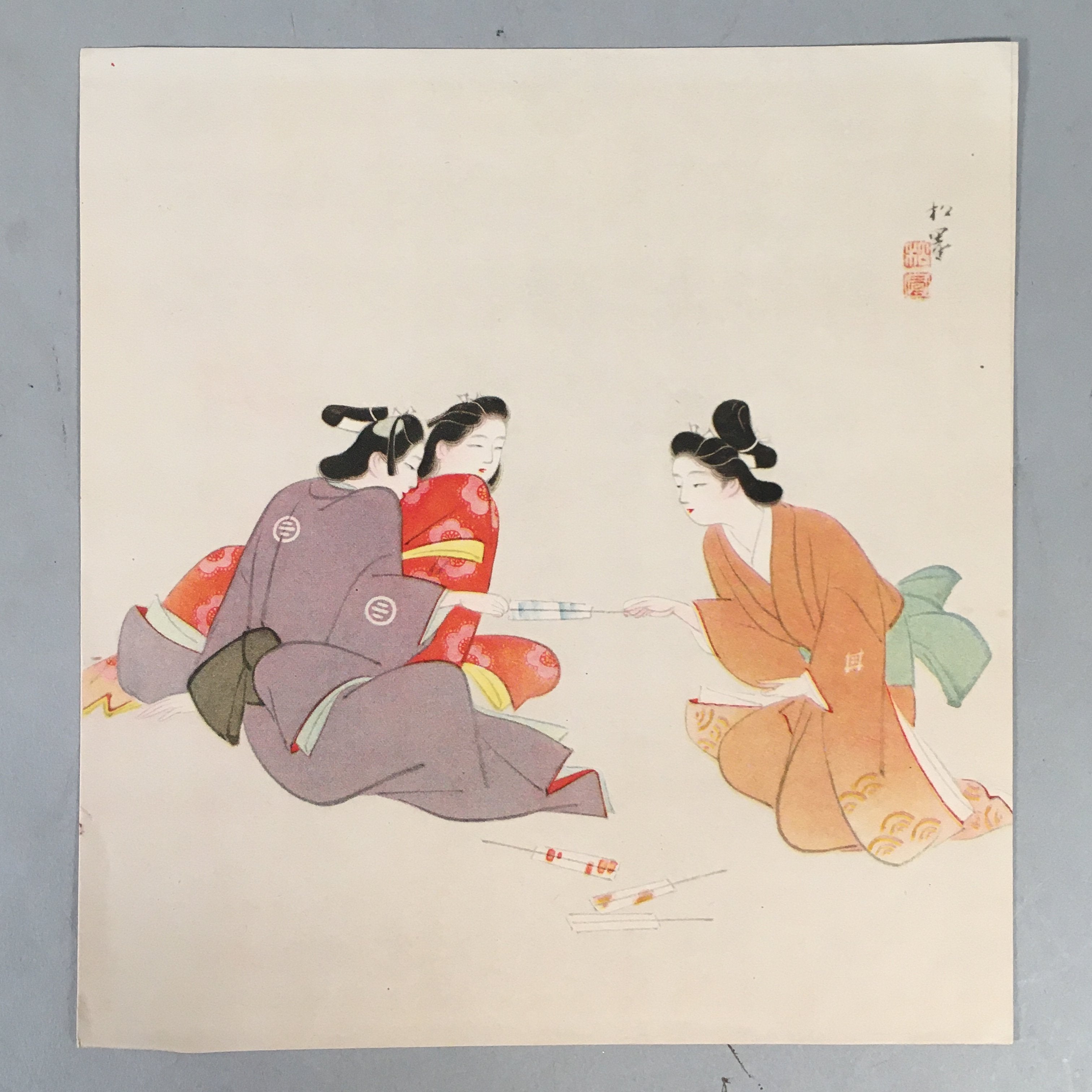 Japanese Print Drawing Painting Vtg Kimono Woman Folding Fan Sensu P289