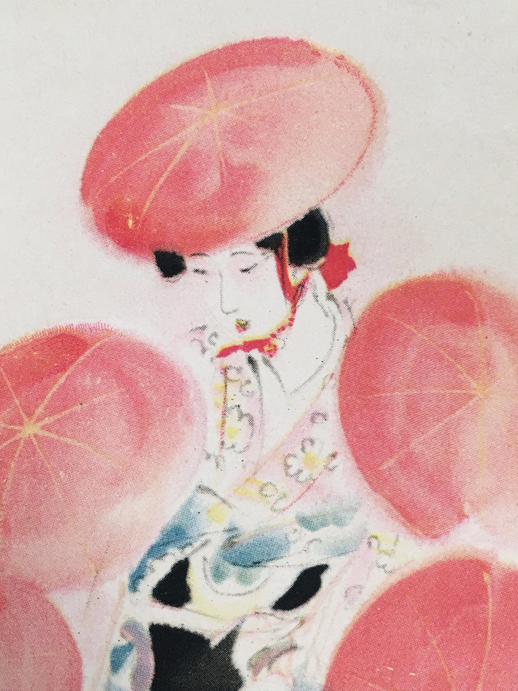 Japanese Print Drawing Painting Vtg Kimono Woman Nihon-Buyo Dance Red Shade P286