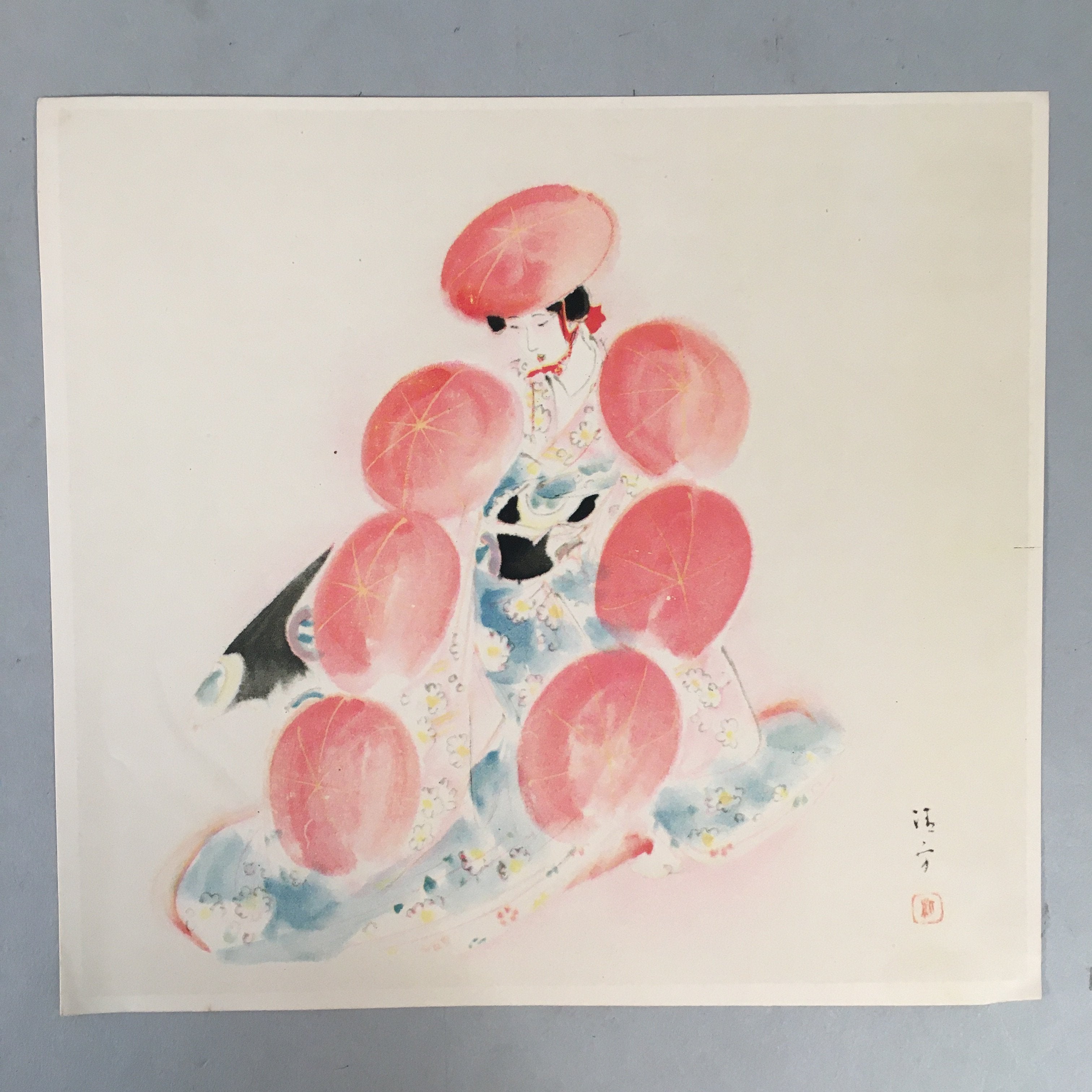 Japanese Print Drawing Painting Vtg Kimono Woman Nihon-Buyo Dance Red Shade P286