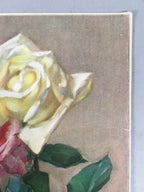 Japanese Print Drawing Painting Vtg Pink Yellow Rose Flower P297