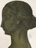 Japanese Print Drawing Painting Vtg Woman Profile Lady Frame Red P296