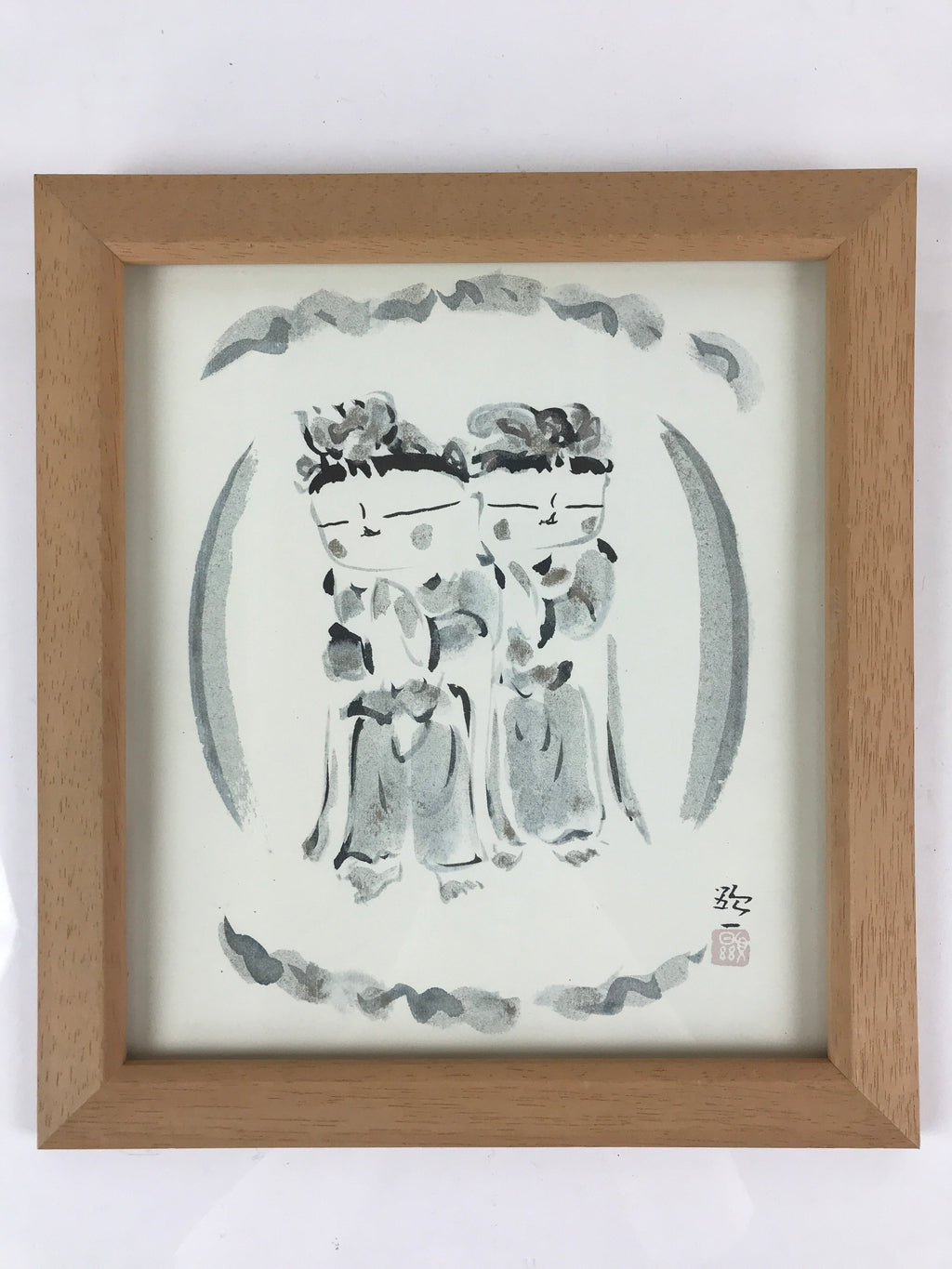 Japanese Printed Kannon Healing Picture Vtg Wooden Framed Wall Art Signed FL83