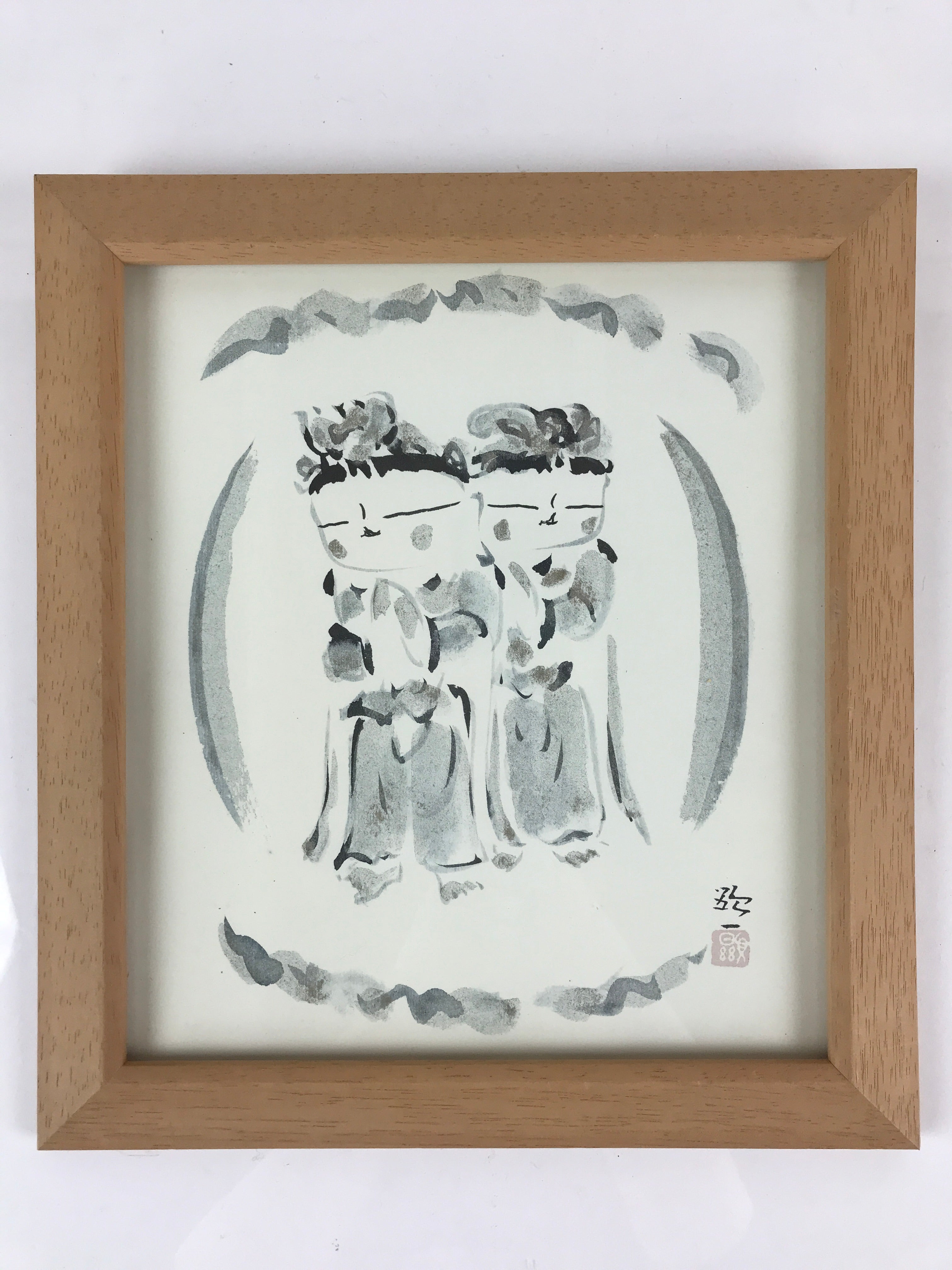 Japanese Printed Kannon Healing Picture Vtg Wooden Framed Wall Art Signed FL83