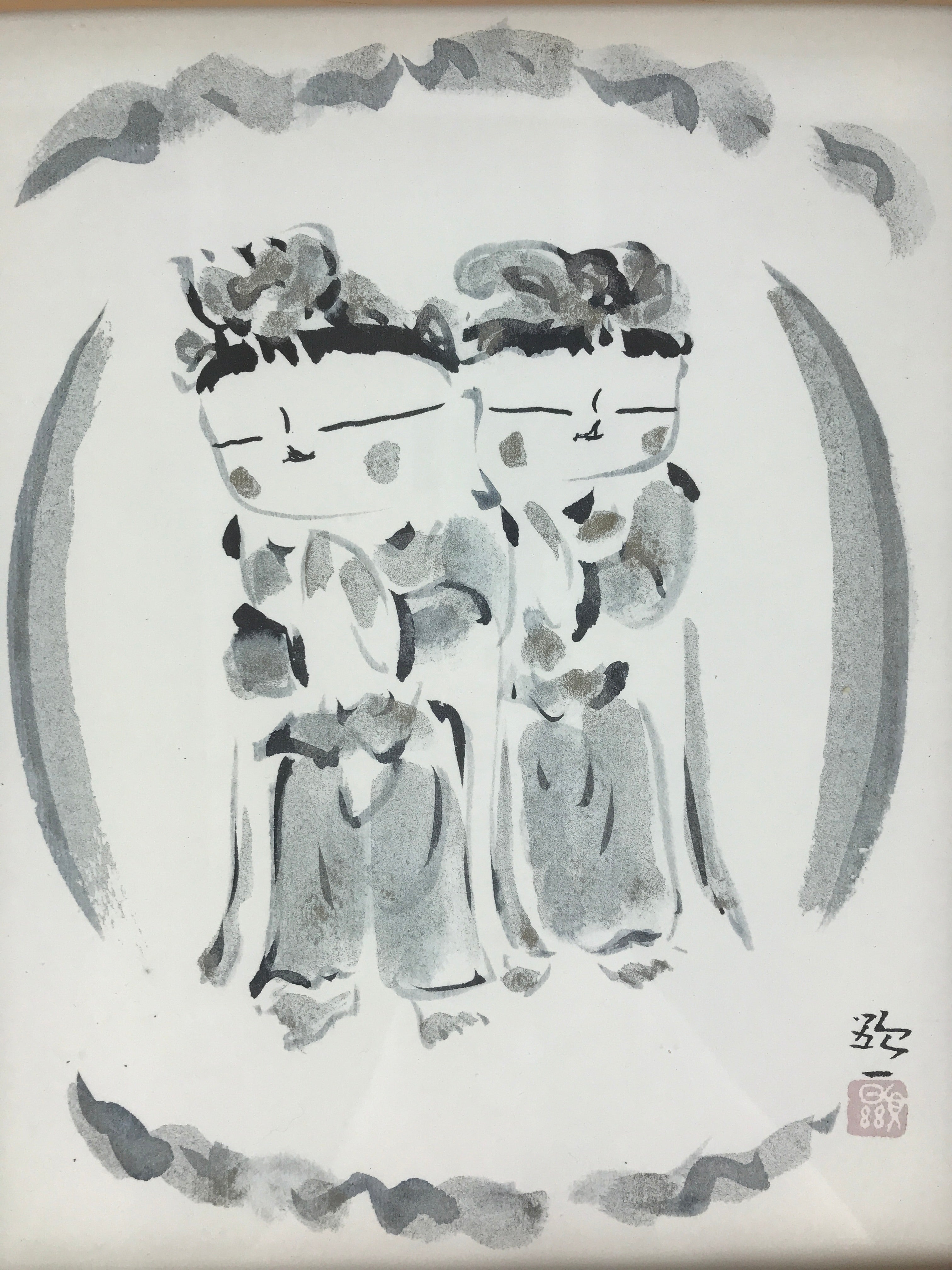 Japanese Printed Kannon Healing Picture Vtg Wooden Framed Wall Art Signed FL83