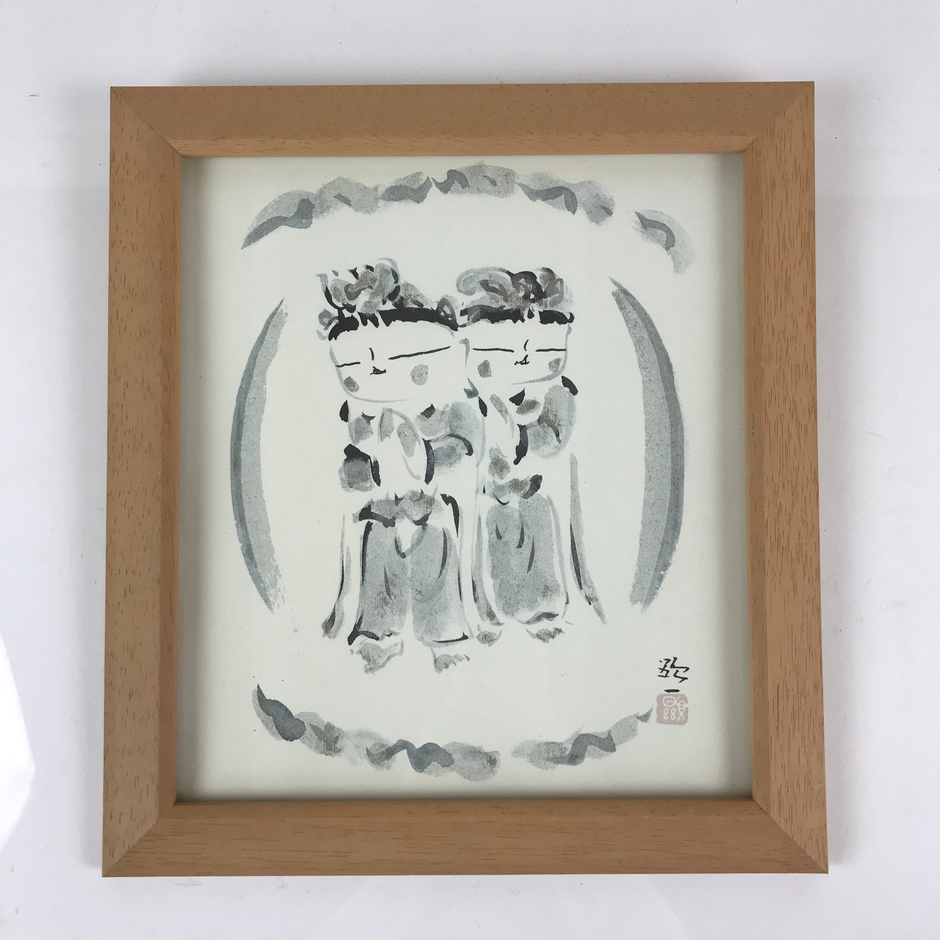 Japanese Printed Kannon Healing Picture Vtg Wooden Framed Wall Art Signed FL83