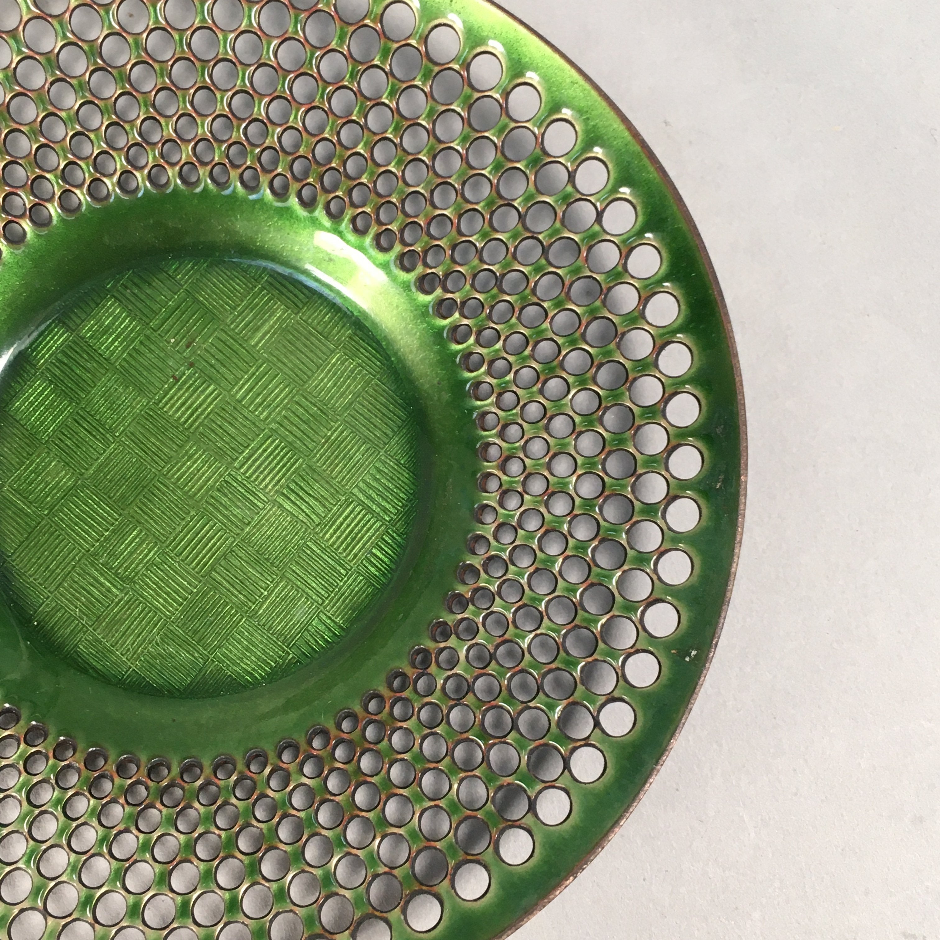 Japanese Punched Metal Drink Saucer Vtg Chataku Coaster Round Green QT105