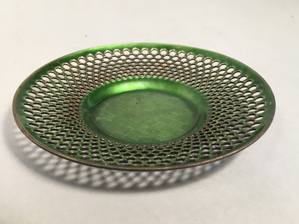 Japanese Punched Metal Drink Saucer Vtg Chataku Coaster Round Green QT105