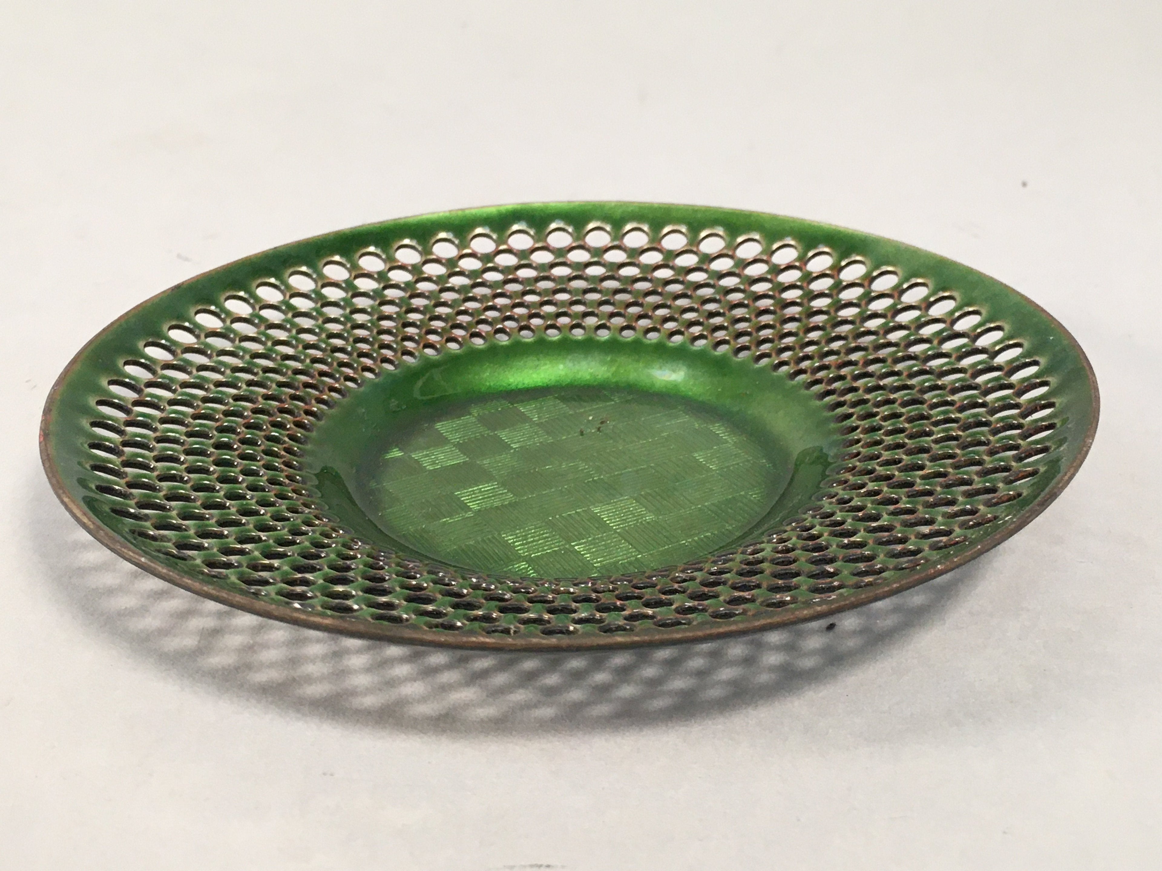 Japanese Punched Metal Drink Saucer Vtg Chataku Coaster Round Green QT105