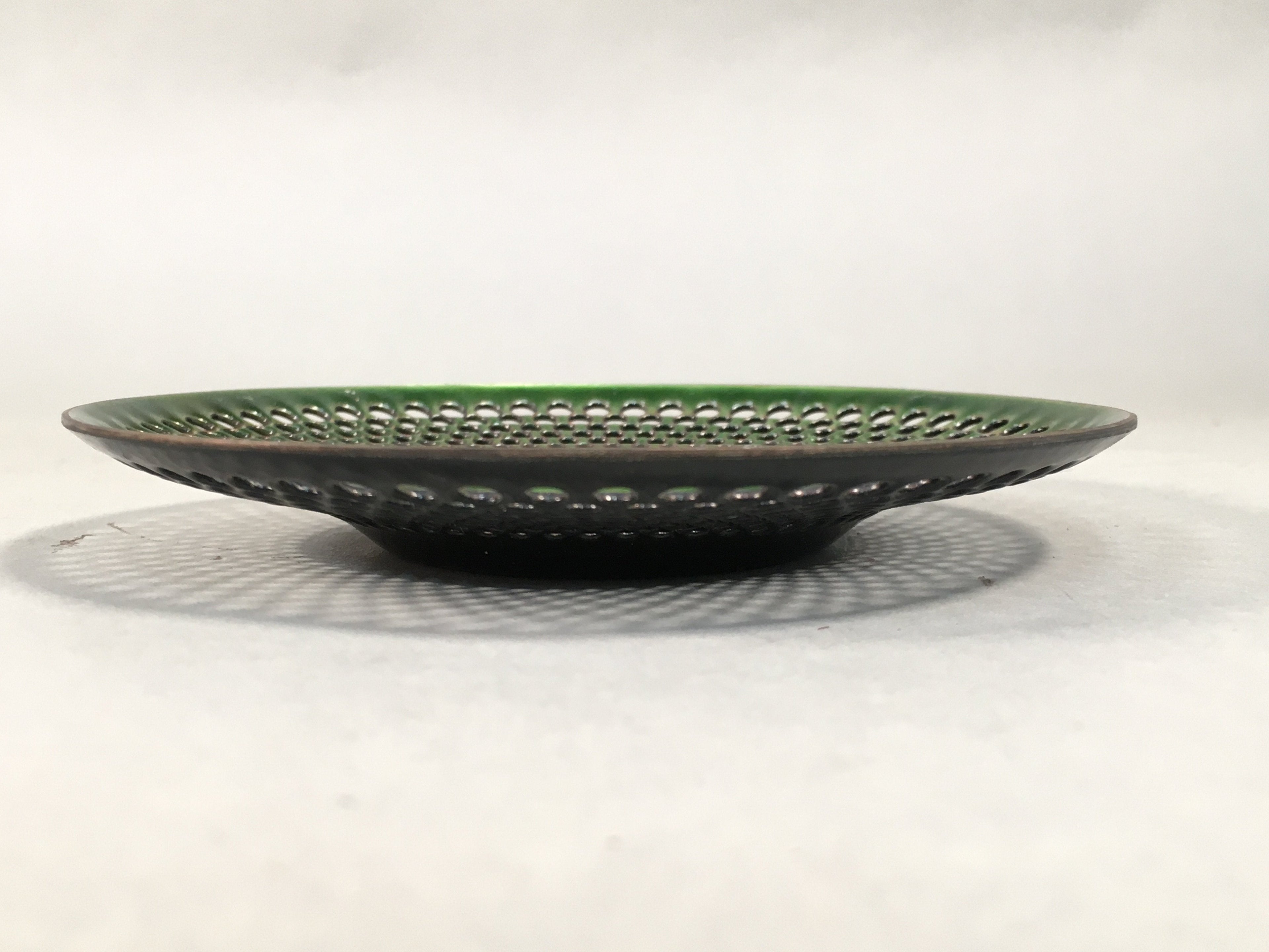 Japanese Punched Metal Drink Saucer Vtg Chataku Coaster Round Green QT105