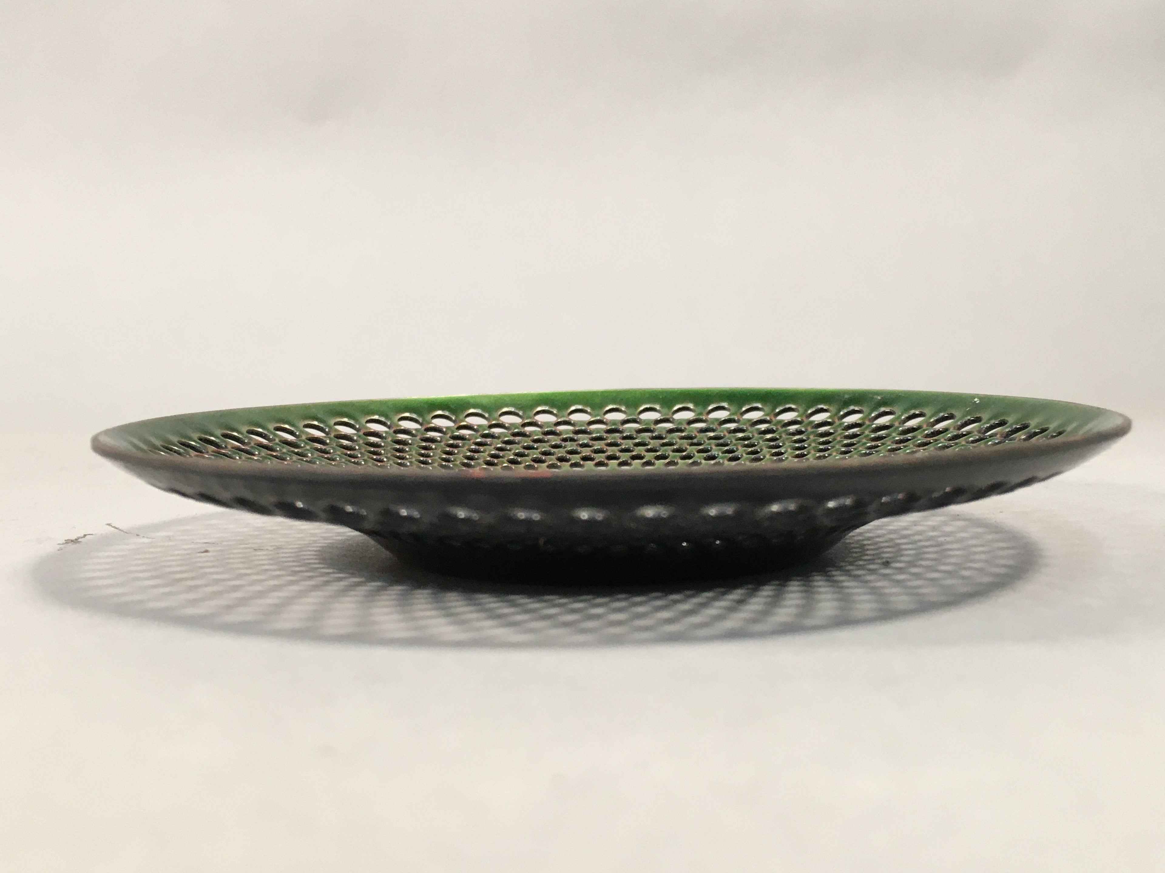 Japanese Punched Metal Drink Saucer Vtg Chataku Coaster Round Green QT105