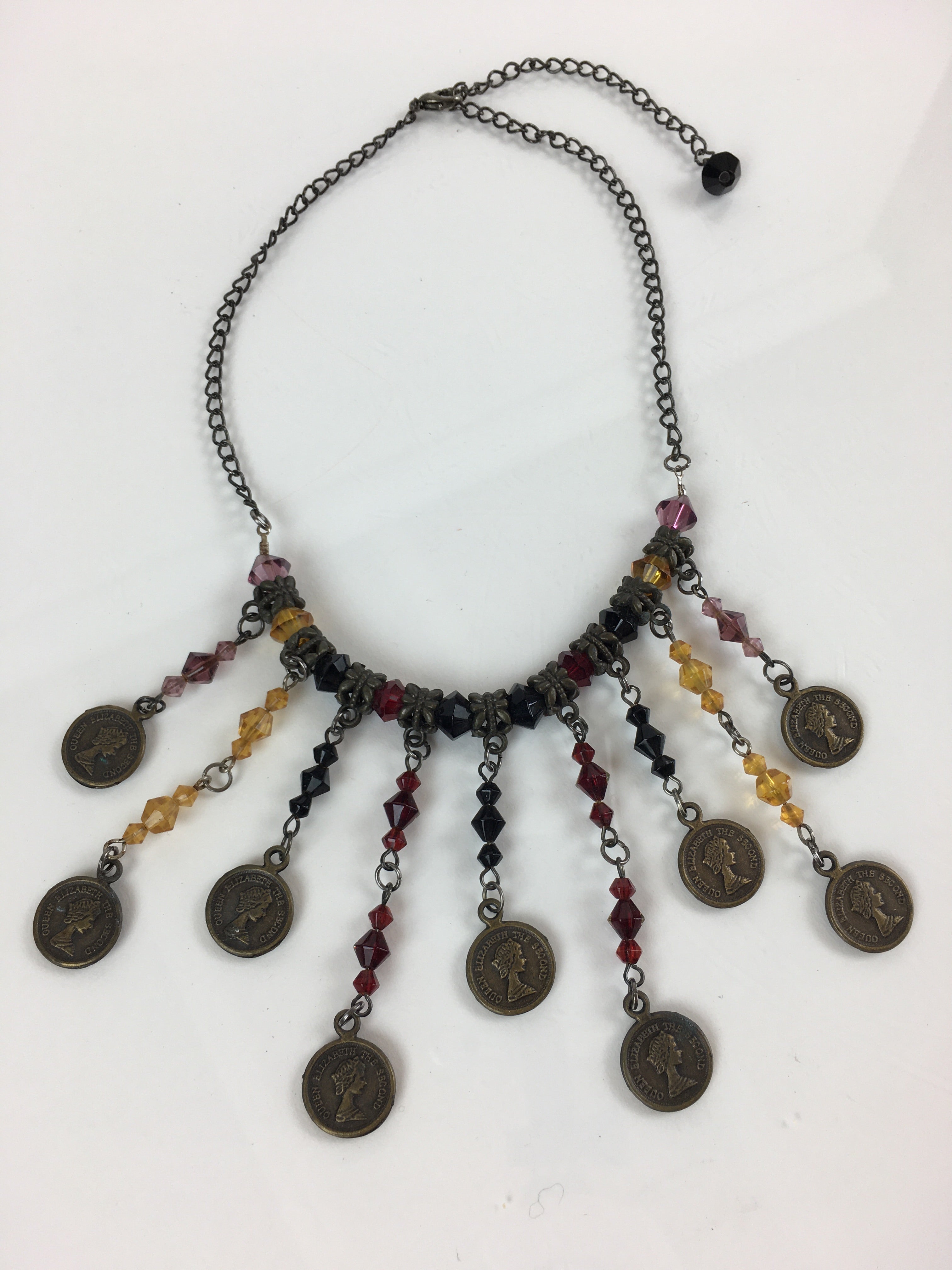 Japanese Queen Elizabeth Ⅱ Coin Necklace Vtg Beads Accessory JK392