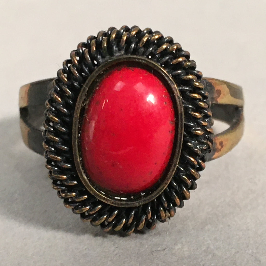 Japanese Ring Vtg Cloisonné Red Head Metal Shank Adjustable JK81