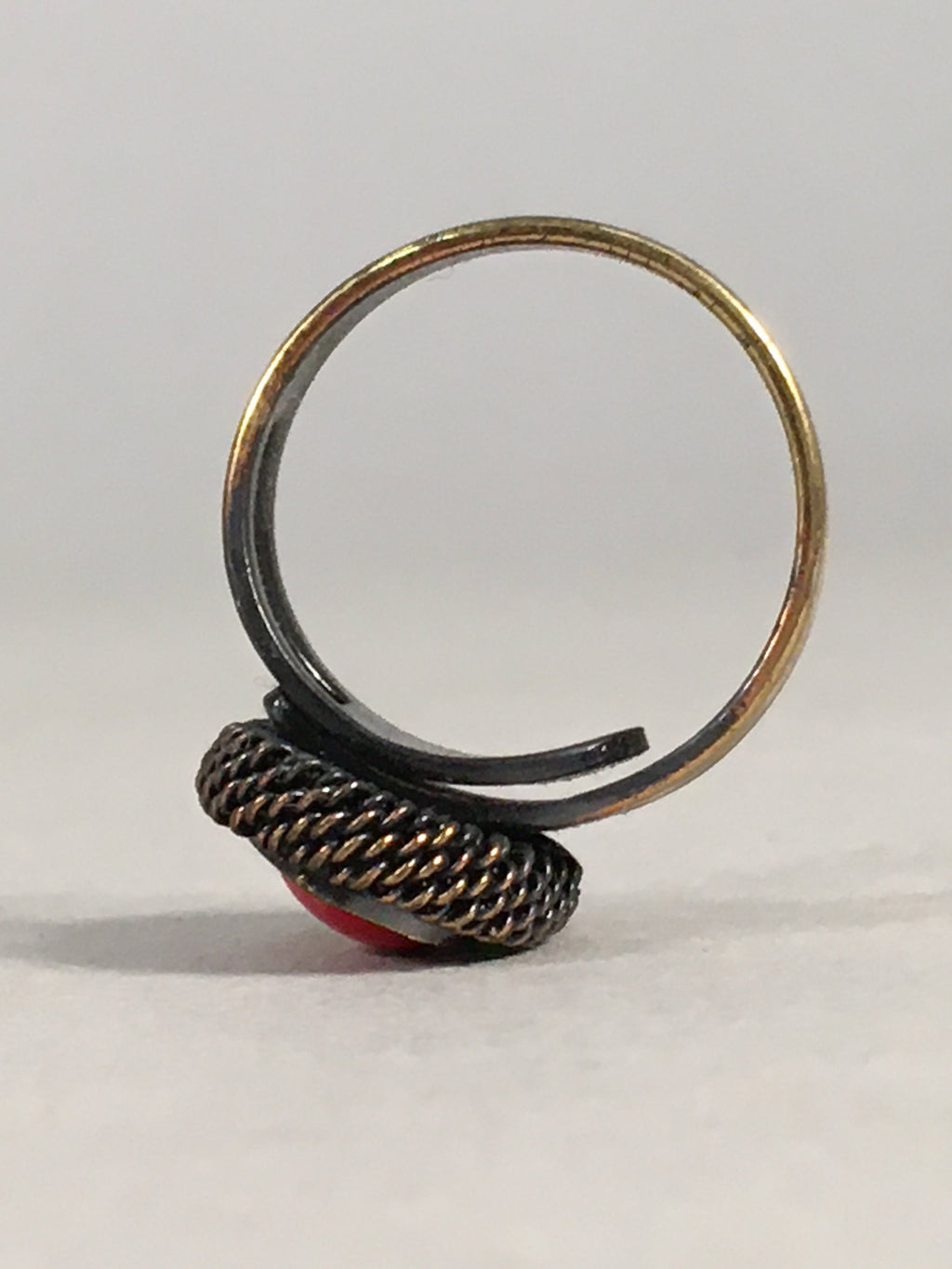 Japanese Ring Vtg Cloisonné Red Head Metal Shank Adjustable JK81