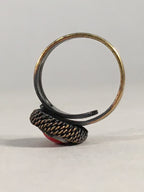 Japanese Ring Vtg Cloisonné Red Head Metal Shank Adjustable JK81