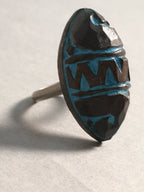 Japanese Ring Vtg Wooden Head Metal Shank Carving Almond-Shaped Blue JK64