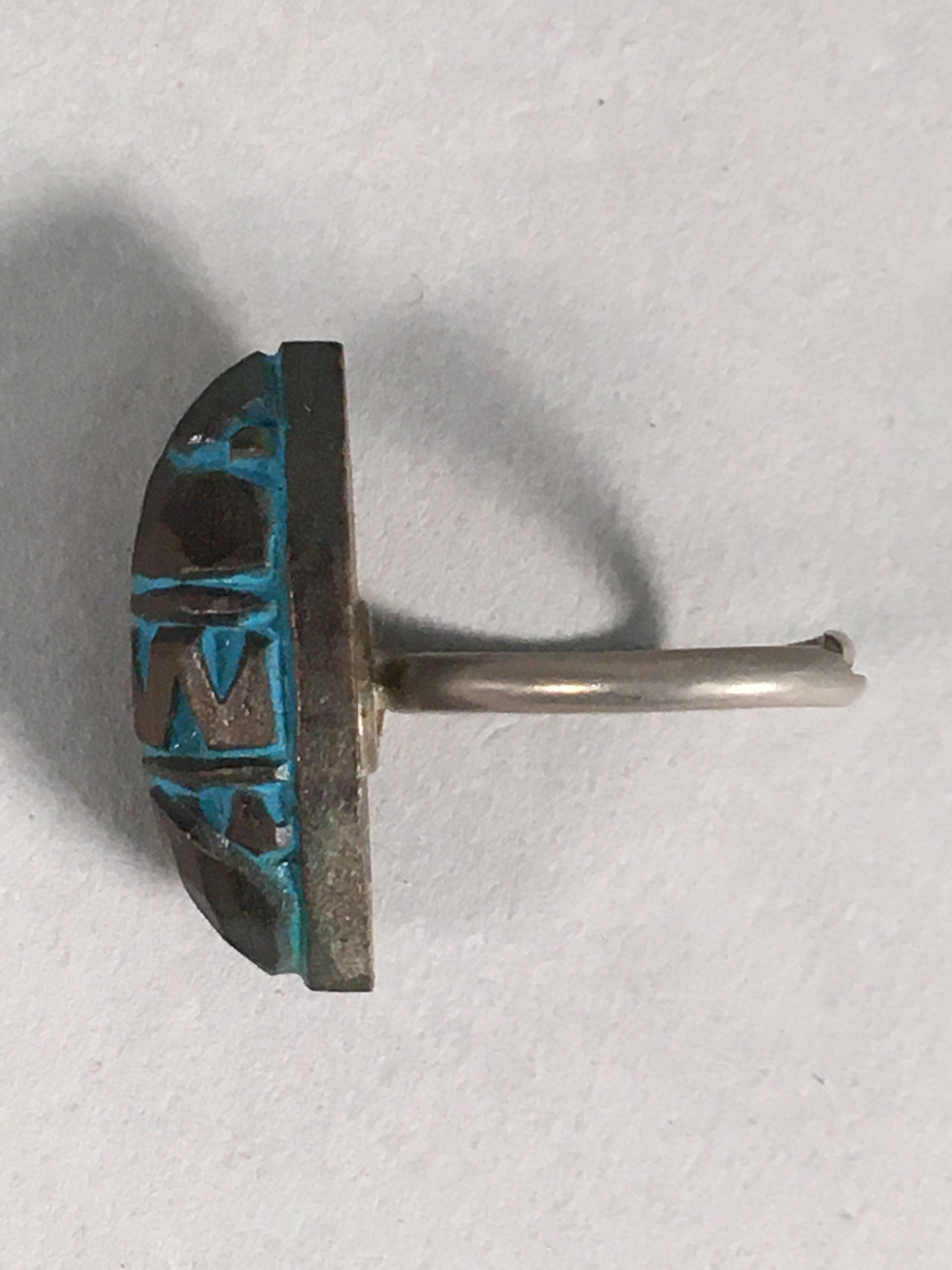 Japanese Ring Vtg Wooden Head Metal Shank Carving Almond-Shaped Blue JK64