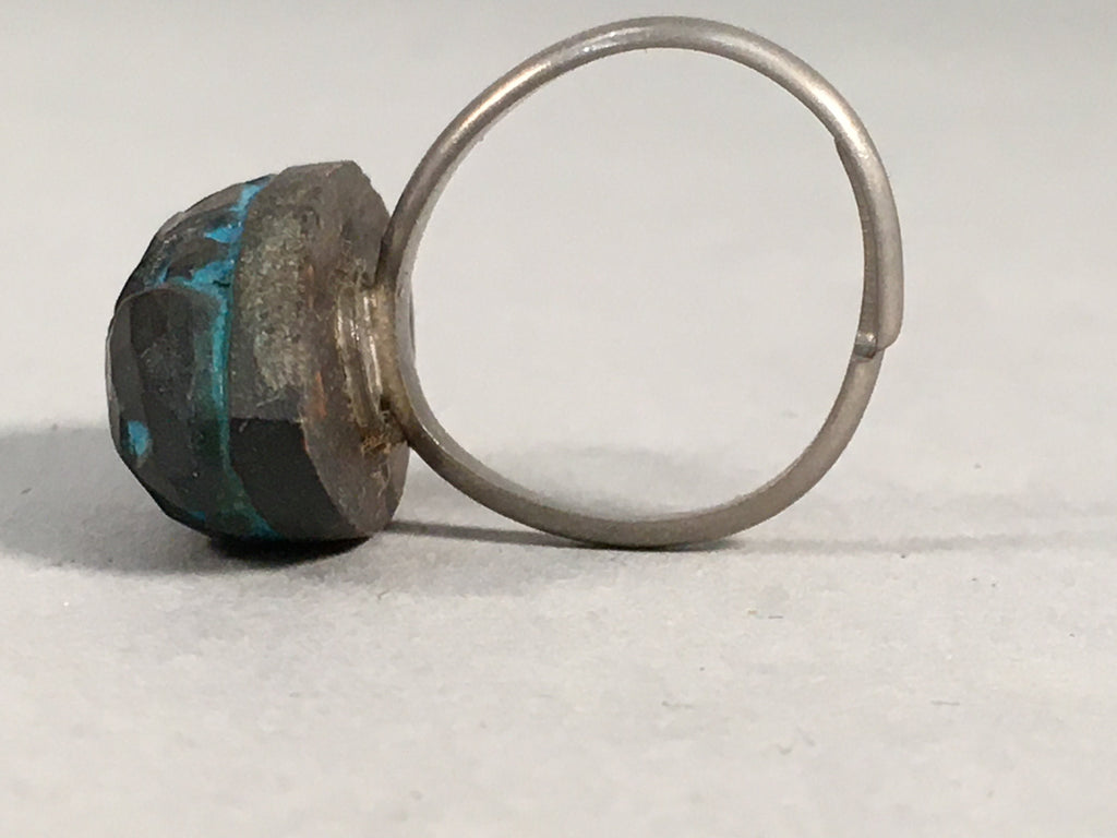 Japanese Ring Vtg Wooden Head Metal Shank Carving Almond-Shaped Blue JK64