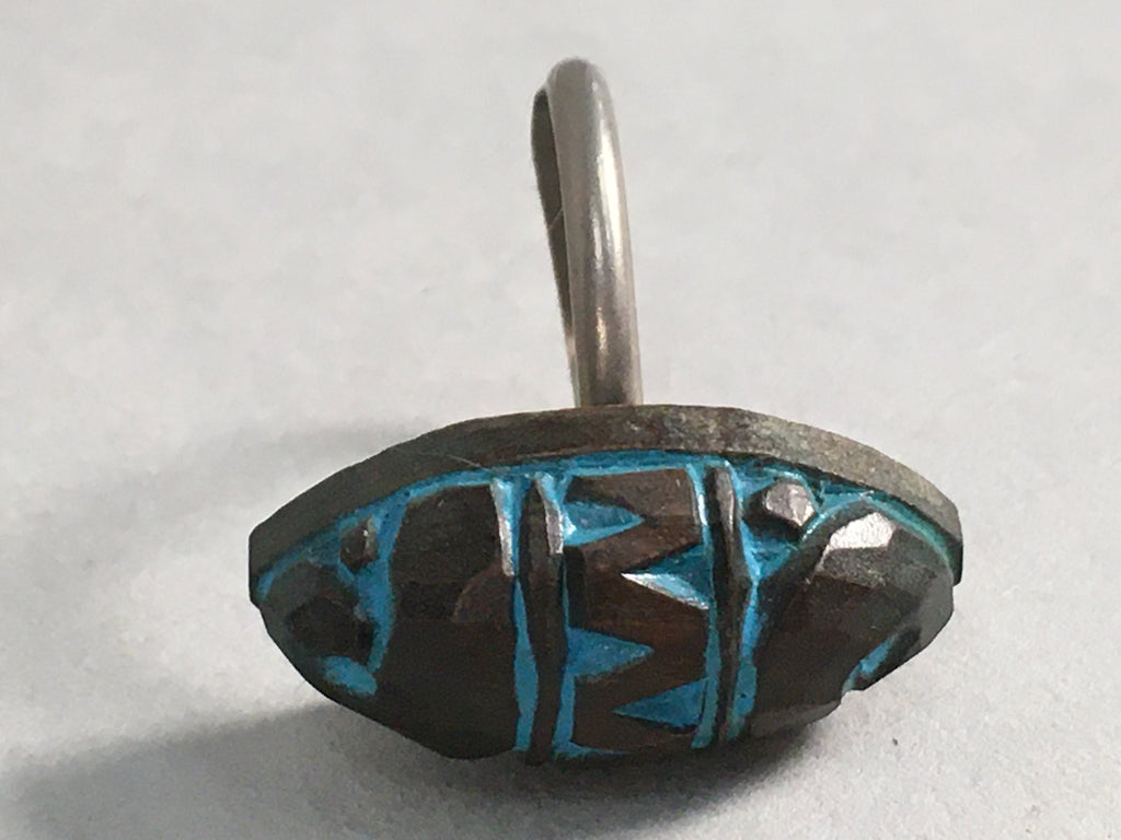 Japanese Ring Vtg Wooden Head Metal Shank Carving Almond-Shaped Blue JK64