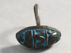 Japanese Ring Vtg Wooden Head Metal Shank Carving Almond-Shaped Blue JK64