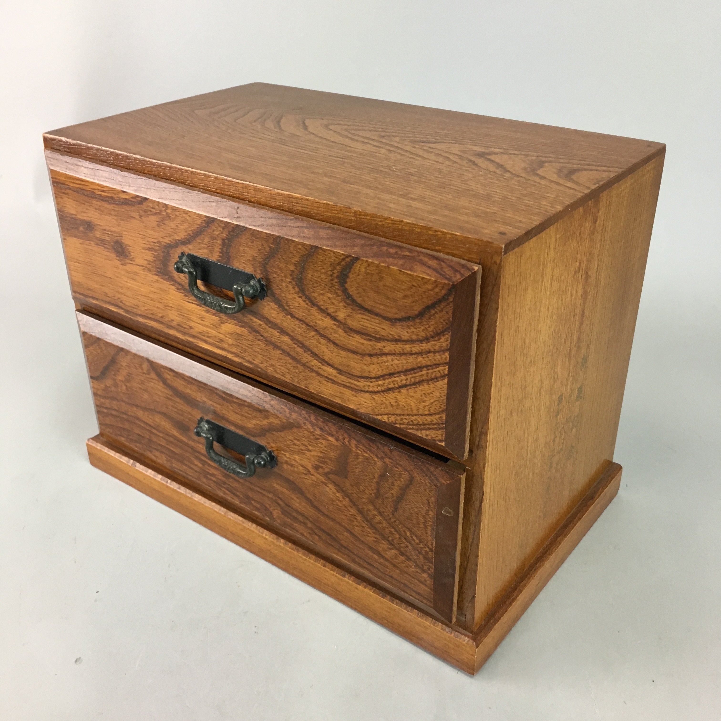 Japanese Sewing Box Brown Wooden Vtg Haribako Chest Tansu 2 Drawers Metal T135