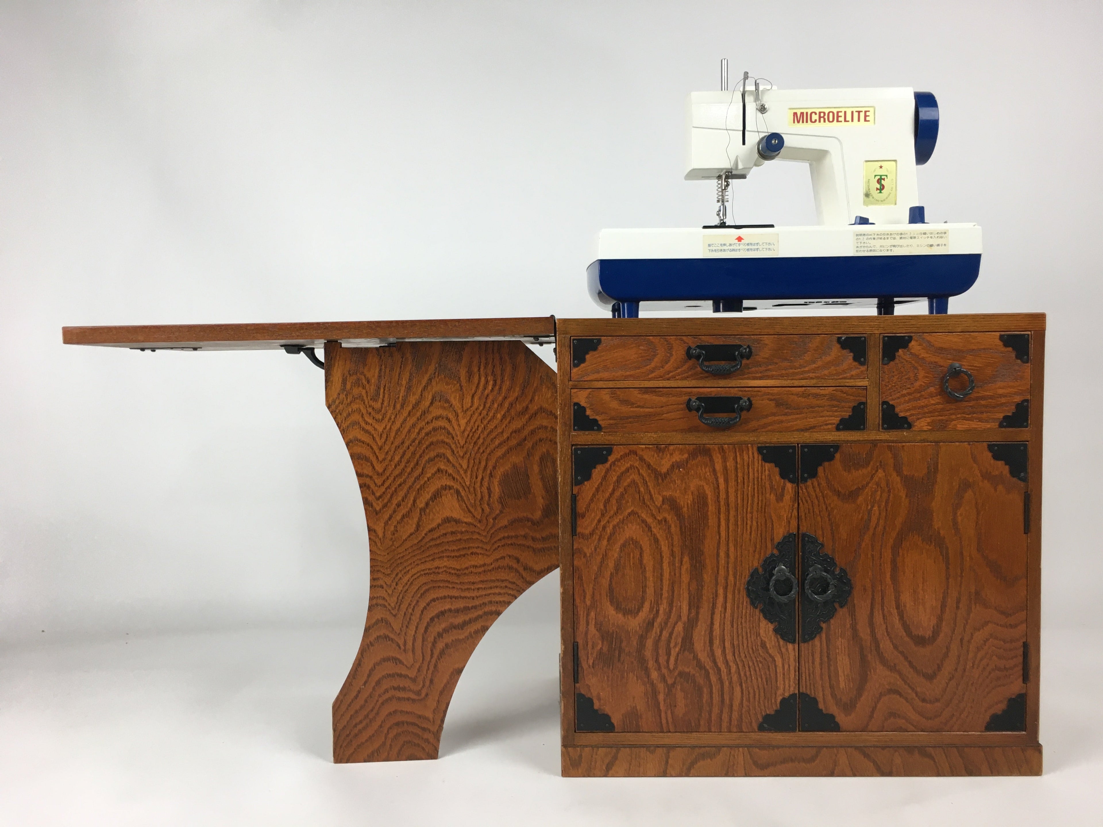 Japanese Sewing Machine And Wood Box Vtg Open-Top Table 3 Drawers Haribako T313