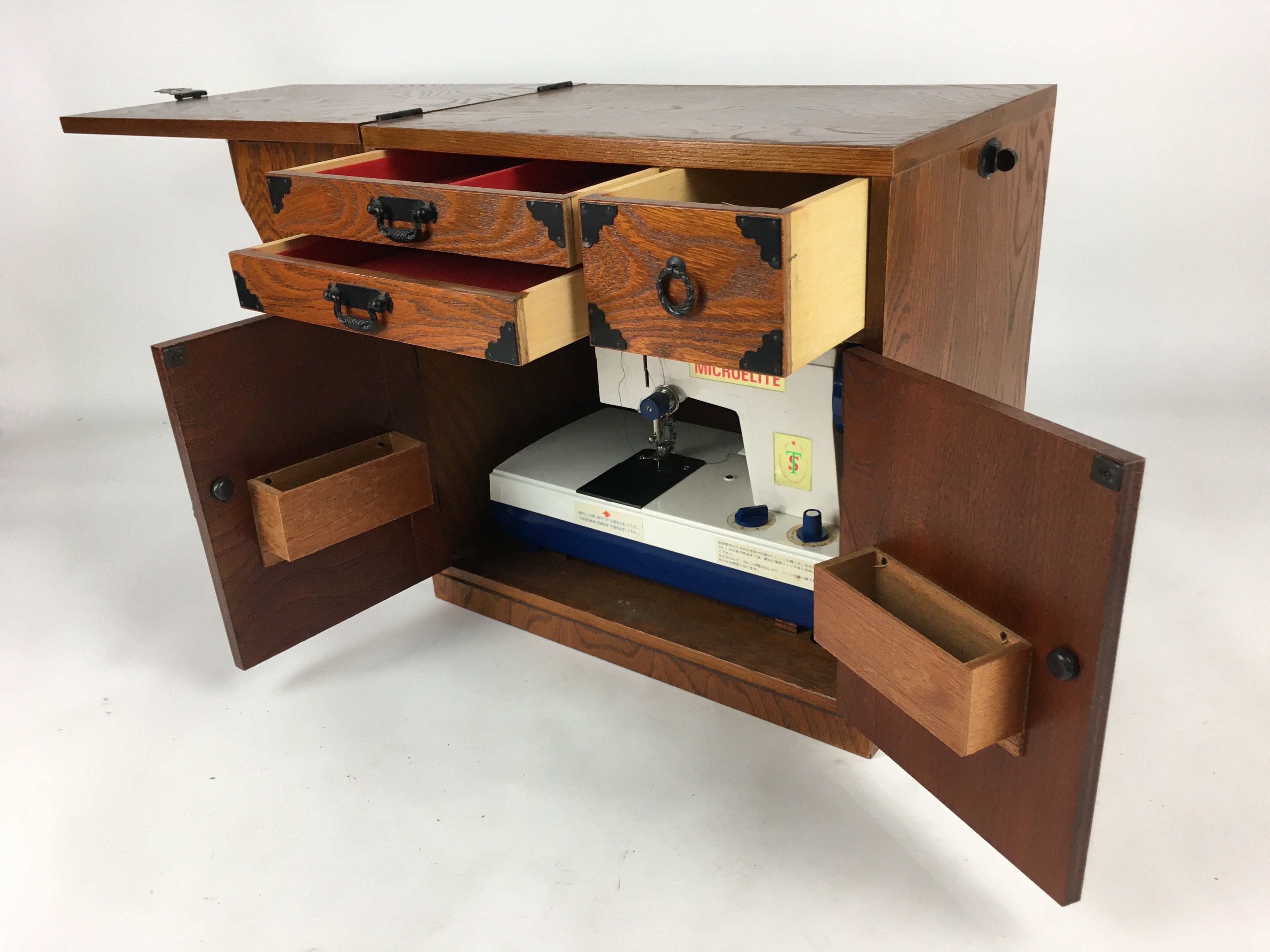 Japanese Sewing Machine And Wood Box Vtg Open-Top Table 3 Drawers Haribako T313