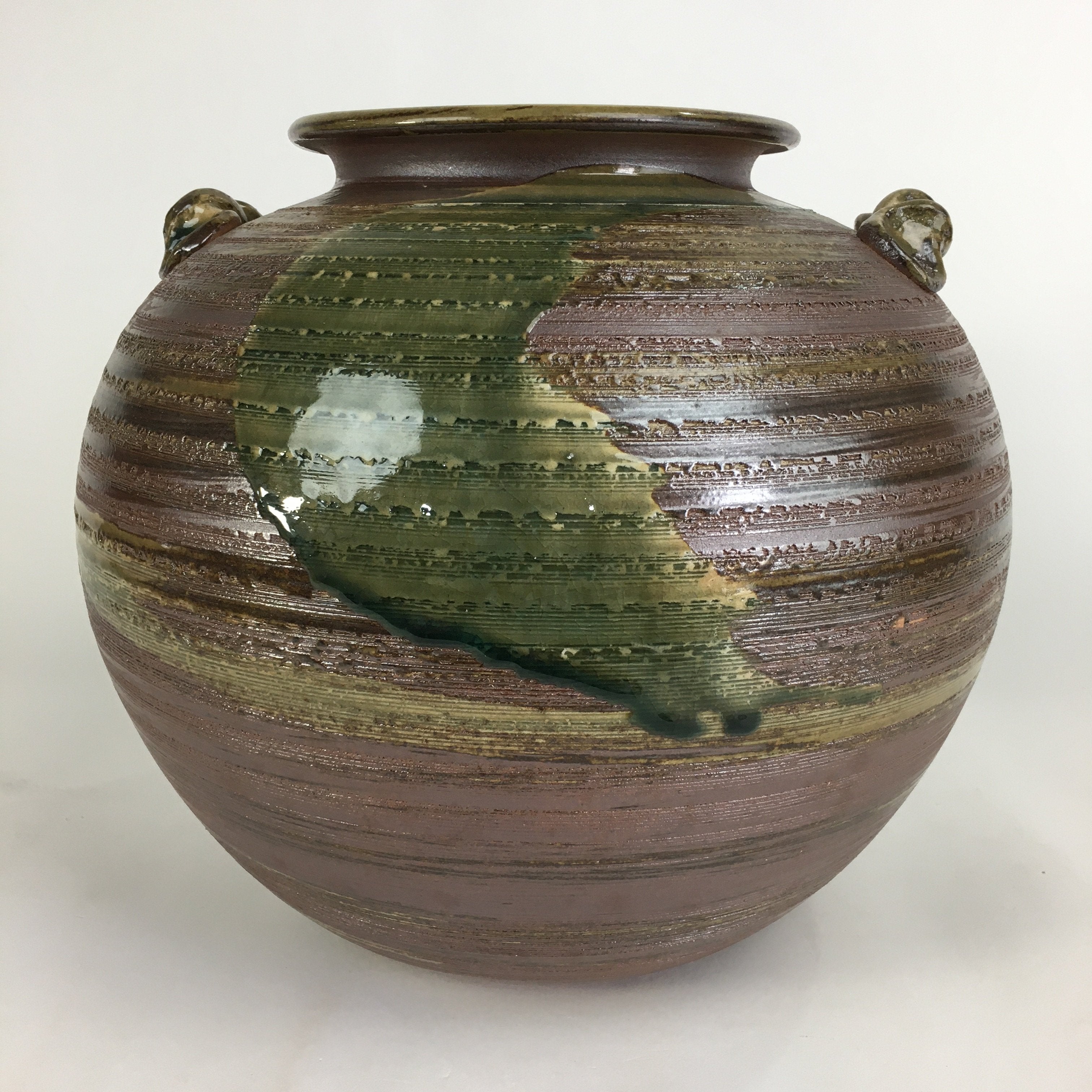 Japanese Shigara Ware Ceramic Flower Vase Kabin Vtg Green Glaze Ikebana FV915