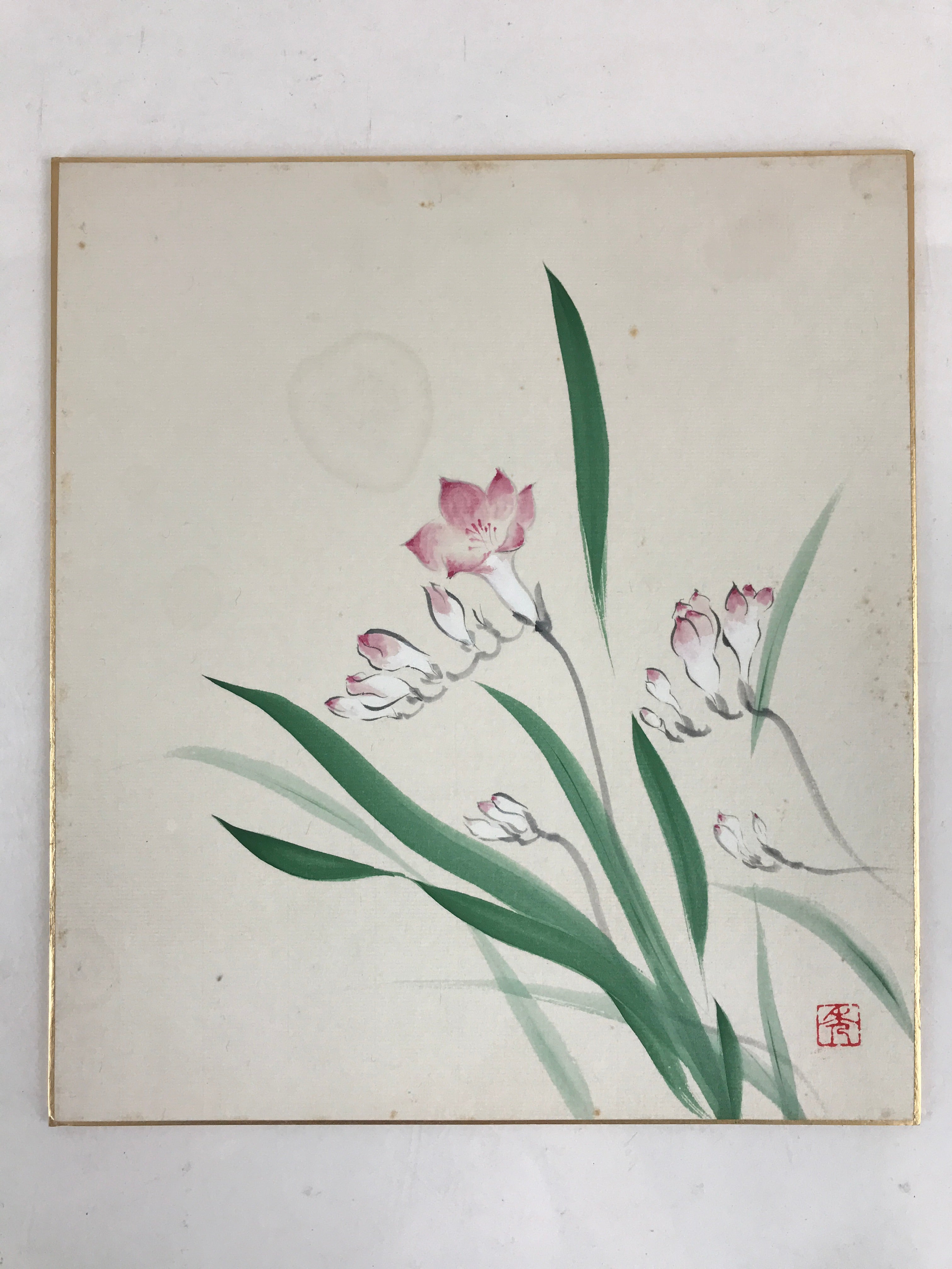 Japanese Shikishi Art Board Vtg Art Painting Nihonga Picture Display Pink Flower