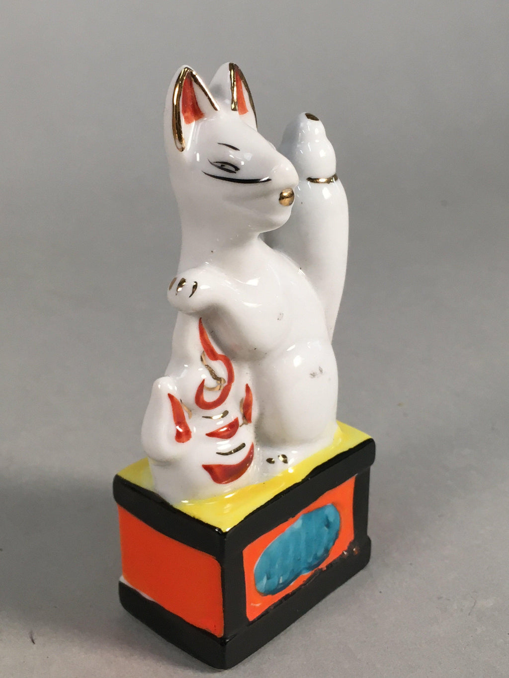 Japanese Shinto Altar Fitting Porcelain Fox Figurine Pair Vtg Inari Okimono BD5
