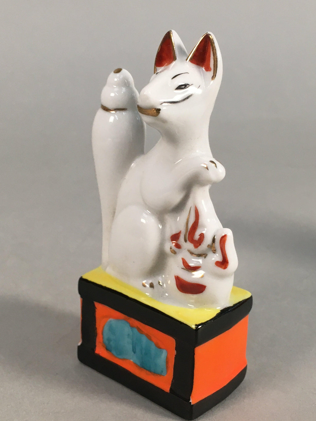 Japanese Shinto Altar Fitting Porcelain Fox Figurine Pair Vtg Inari Okimono BD5