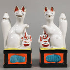 Japanese Shinto Altar Fitting Porcelain Fox Figurine Pair Vtg Inari Okimono BD5
