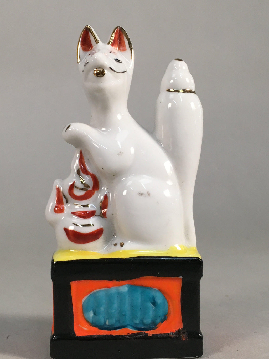 Japanese Shinto Altar Fitting Porcelain Fox Figurine Pair Vtg Inari Okimono BD5