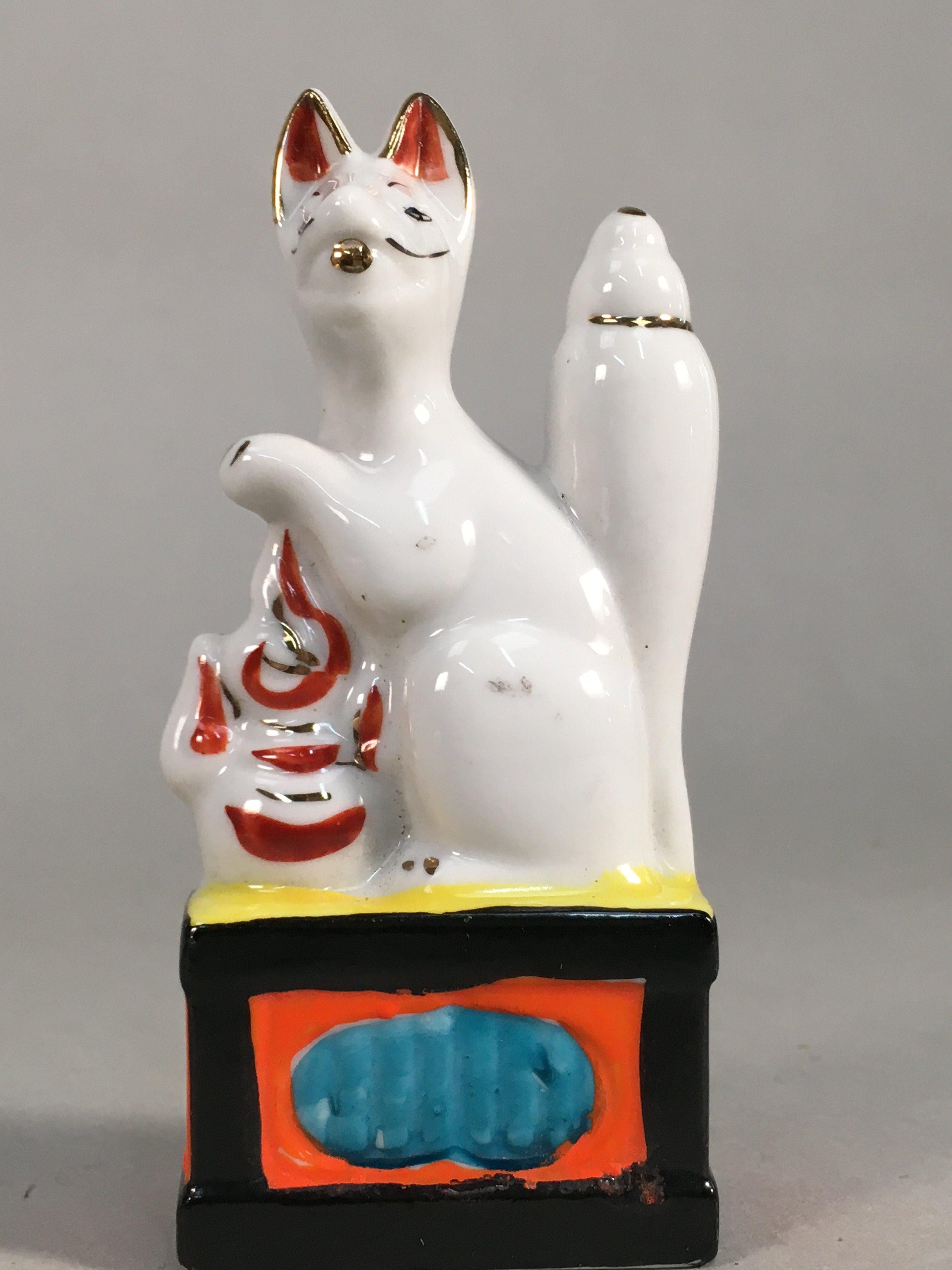 Japanese Shinto Altar Fitting Porcelain Fox Figurine Pair Vtg Inari Okimono BD5