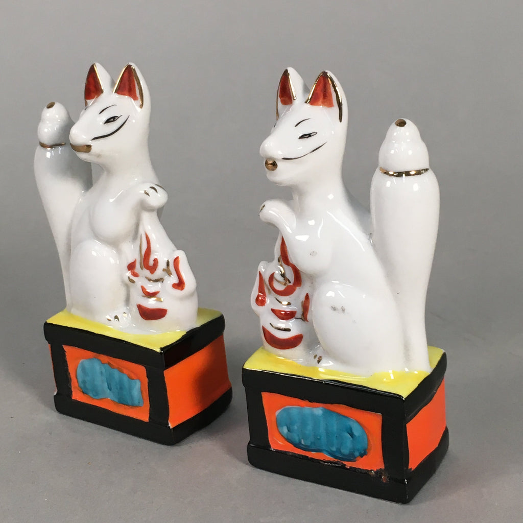 Japanese Shinto Altar Fitting Porcelain Fox Figurine Pair Vtg Inari Okimono BD5