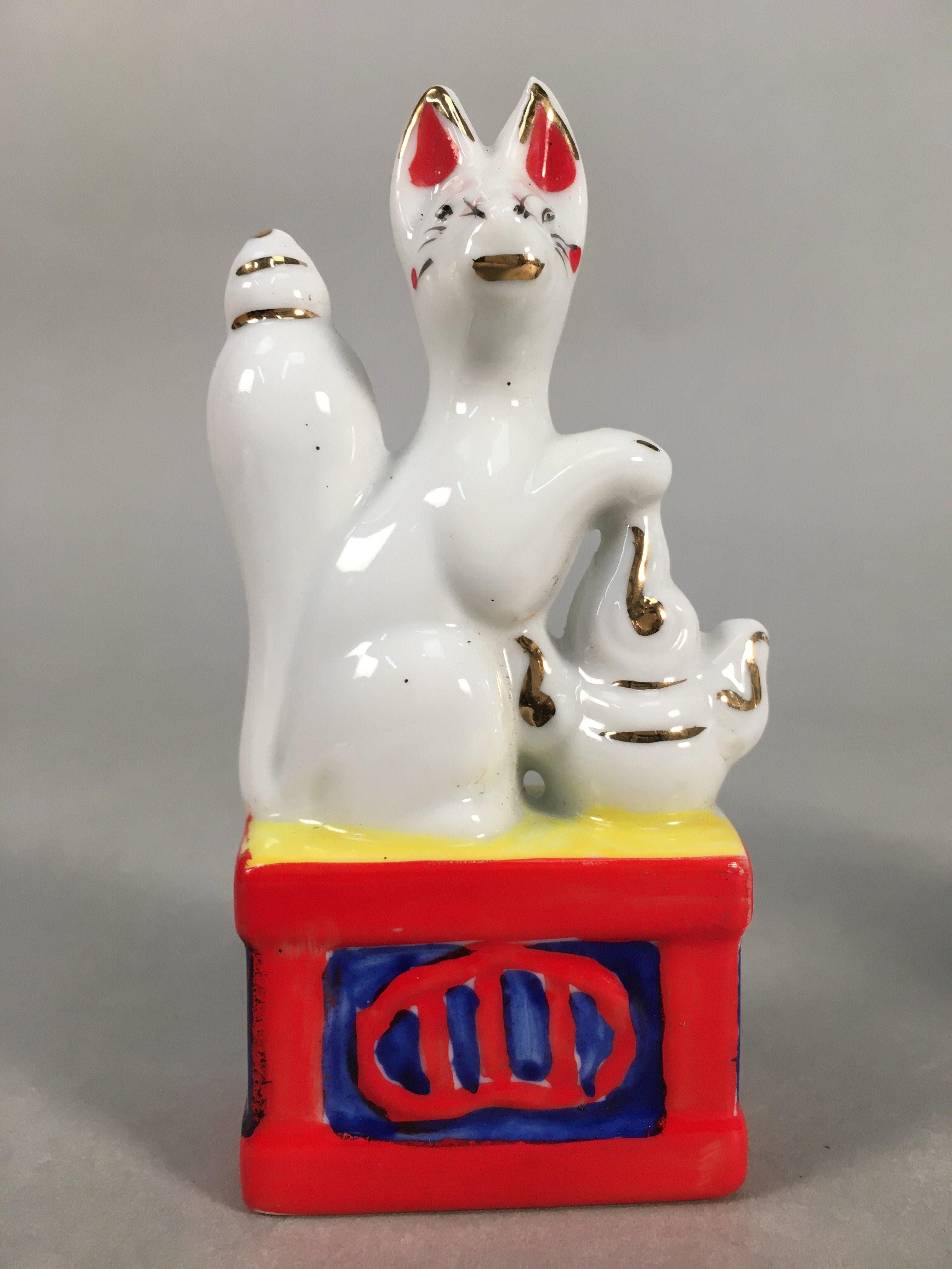Japanese Shinto Altar Fitting Porcelain Fox Figurine Pair Vtg Inari Okimono BD59